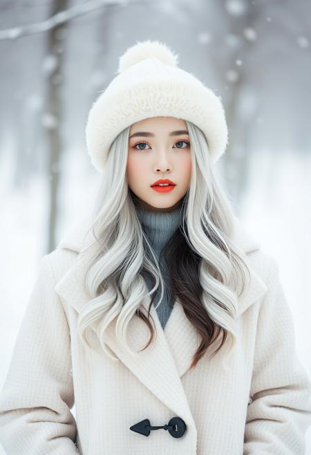 araffe woman in white coat and hat standing in snow, pale snow white skin, whitebangsblackhair, 4k hd. snow white hair, ulzzang, jiyun chae, very long snow colored hair, black wavy hair, korean women's fashion model, black silky hair, shoulder length black hair, korean audrey hepburn, geisha hairstyle