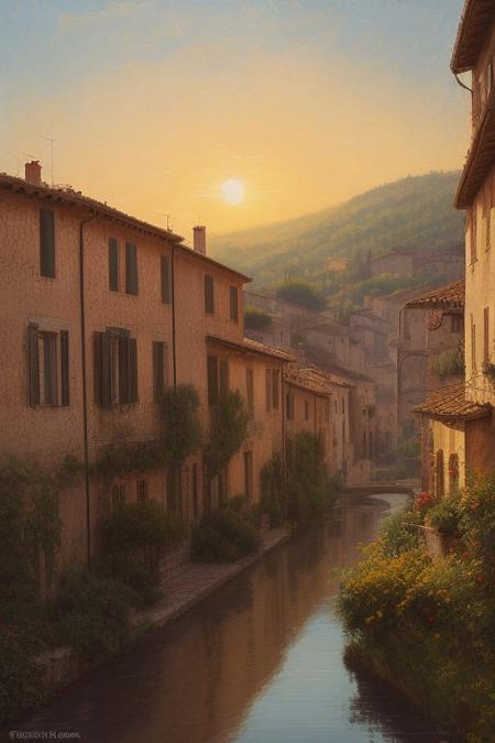 Epic, amazing lens glow lighting illuminates a modern, futuristic, grand scene in golden hour light, reflecting the darker aspects of the human condition. Romantic realism style shows an Italian countryside village with warm colors, textured brushwork, and serene landscapes.  Soft light depicts heroic elements in a massive scale.
