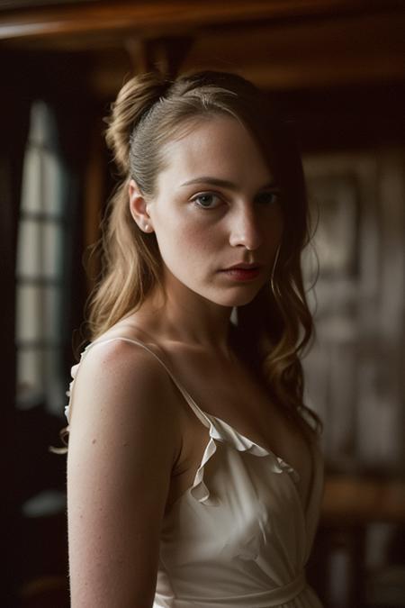 fine art photo of 28 y.o. Lauren, (designer dress), (highly detailed face:1.3), (private club, wood furniture), (dark and moody light:1.4) <lora:epiNoiseoffset_v2:1>