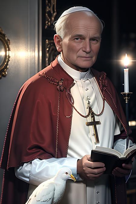 8k, raw, best quality, masterpiece:1.2,realistic, portrait of jp2v1 as old pope , in one hand he holds a decorated candle and in the other a holy bible, a white dove sits on his shoulder, epic lighting, ray tracing, octane render,night italian city in background, with professional color grading, soft shadows, bright colors, <lora:jpv2:1>