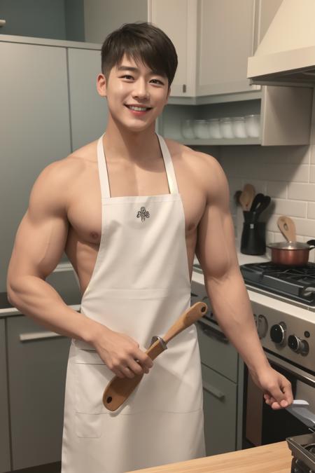 1boy, Short Spiky Hair, smile, teeth, watch, 
<lora:mbj:0.7:FACE>
(nude kitchen apron:1.2)
Muscular Frame,
looking at the viewer,
fish, steak,