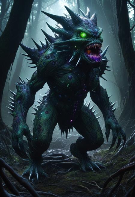 score_9, score_8_up, score_7_up, score_6_up, score_5_up, score_4_up, a massive figure emerges from the shadows of the thicket. A xeno Ogre made out of tech, its skin is a cyber, mottled green, covered in small holographic spikes. The creature's eyes are bright holograms, its mouth hanging open in a perpetual snarl, revealing a mouthful of rotten, jagged biomorphic teeth. The stench rolling off the beast is overwhelming, a miasma of decay and dark sorcery, dead forest, dramatic light, cinematic composition, majectic colors