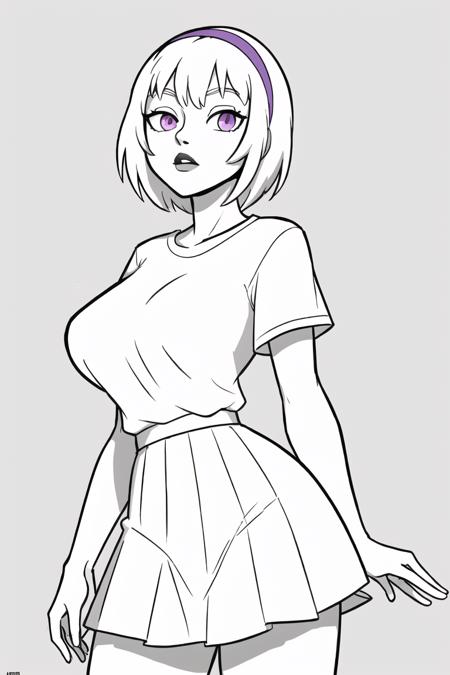 best quality, afterglow, 4k, ((masterpiece)), extremely detailed, 8k, trending on ArtStation, Intricate, High Detail, Sharp focus, rolalmw <lora:rolalmw:0.8>, 1girl, short hair, white hair, hairband, miniskirt, white shirt, t-shirt, purple eyes, standing, white skirt, (monochrome, lineart), simple background