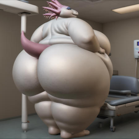 obese, female, Axolotl, patient gown, white skin