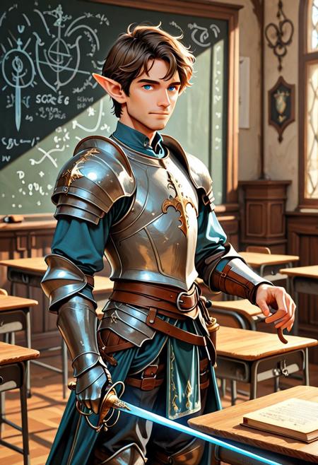 score_9_up, score_8_up, score_7_up, score_6_up. masterpiece, best quality, good quality, very aesthetic, absurdres, semirealism, RapierXL, cl4ssrm, fantasy, 8K, depth of field, focused subject, Elf knight:1.3, 19yo male, androgynous, pointed ears, short brown hair, male haircut, blue eyes, wearing detailed armor, knight's armor, standing, light smile, holding sword, rapier, weapon, blue glowing sword,  indoors, chalkboard, classroom, podium, school desks,