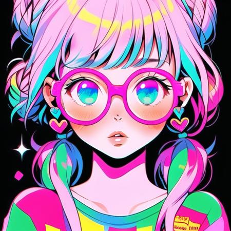 1girl,solo,jewelry,earrings,multicolored hair,looking at viewer,glasses,black background,pink-framed eyewear,heart,parted lips,pink hair,bangs,heart earrings,twintails,upper body,shirt,simple background,double bun,hair bun,long hair,blush,sparkle,portrait,blue eyes,print shirt,<lora:color-000005:0.8>,