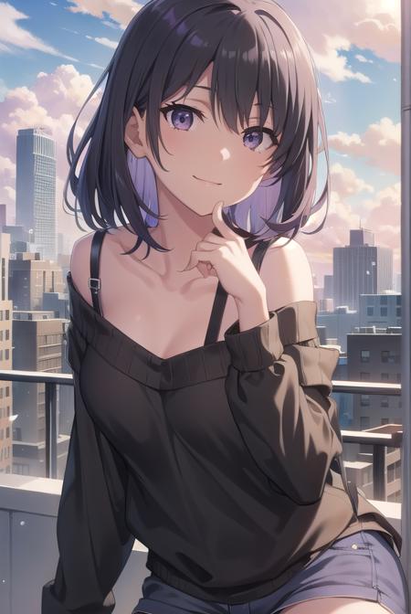 harunoyukinoshita, <lora:haruno yukinoshita-lora-nochekaiser:1>,
haruno yukinoshita, short hair, hair between eyes, (black eyes:1.5), black hair, gradient hair, two-tone hair, purple hair, smile,
BREAK sweater, off shoulder, bra strap, purple sweater, long sleeves, collarbone,
BREAK outdoors, city, sky, sun, people, crowd, buildings, clouds,
BREAK looking at viewer,
BREAK <lyco:GoodHands-beta2:1>, (masterpiece:1.2), best quality, high resolution, unity 8k wallpaper, (illustration:0.8), (beautiful detailed eyes:1.6), extremely detailed face, perfect lighting, extremely detailed CG, (perfect hands, perfect anatomy),