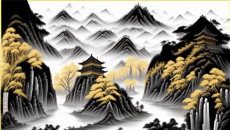 ancient chinese style landscape painting, yellow paper color, painted with black and white ink, extremely sharp old paper detail, high paper detail, high line detail, high resolution, ultra high quality, raw, 8k image, extremely high color detail