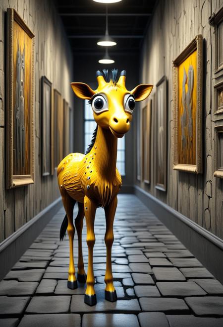 Pencil_morph_style, 
Photograph with golden glow: Blurred bokeh effect highlights a museum exhibit where innocent, big-eyed cartoon animals wander through a decayed space. Critical statements on walls. Surreal pop art, dripping ink, whimsical melancholy. Sharp subject, soft background, radiant, luxurious feel.