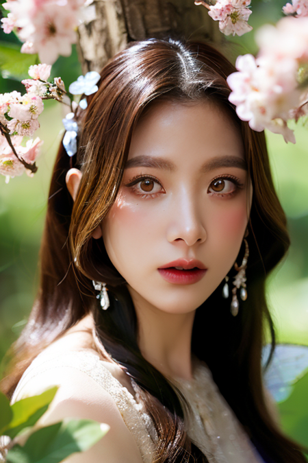 <lora:baifernv1_ghotilafish:1>, 1girl,(alluring fairy, up close,looking at viewer:1.2) 8k, intricate, elegant, highly detailed, green eyes, majestic, digital photography, (masterpiece, sidelighting, finely detailed beautiful green eyes: 1.0), hdr, blurry, blurry foreground, blurry background, branch, cherry blossoms, depth of field, motion blur, photo_background, solo, tree, vibrant details, luxurious, absurdres, incredibly absurdres, (realistic, photo-realistic:1), finely detail, best quality, lace, hyperrealistic, anatomical, elegant, blue butterfly <lora:LoRA-FashionMagCover:0.3>