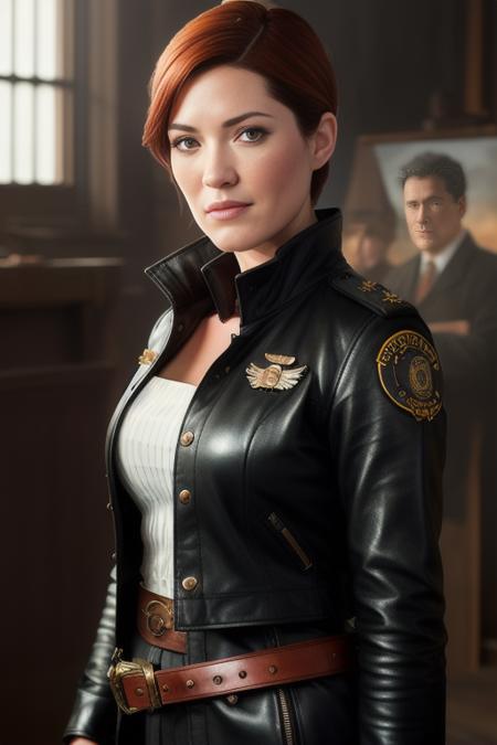 picture of debramorgan, a woman with (short hair:1.1) (wearing a detective coat:1.2),modelshoot style, (extremely detailed CG unity 8k wallpaper), photo of the most beautiful artwork in the world, professional majestic oil painting by Ed Blinkey, Atey Ghailan, Studio Ghibli, by Jeremy Mann, Greg Manchess, Antonio Moro, trending on ArtStation, trending on CGSociety, Intricate, High Detail, Sharp focus, dramatic, photorealistic painting art by midjourney and greg rutkowski, leather belt, explosions in background, (looking at viewer), (detailed eyes:1.2)