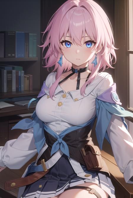 marchseventh, <lyco:marchseventh-lyco-nochekaiser:1>, 
march seventh, blue eyes, hair between eyes, medium hair, pink eyes, pink hair, two-tone eyes,
BREAK ankle boots, archery shooting glove, badge, bare legs, black choker, black corset, black footwear, black gloves, blue jacket, blue skirt, boots, button badge, buttons, choker, collarbone, corset, earrings, flower ornament, gloves, high heel boots, high heels, jacket, jewelry, long sleeves, miniskirt, partially fingerless gloves, pleated skirt, shirt, single earring, single glove, skirt, thigh strap, tied jacket, underbust, white shirt
BREAK looking at viewer, 
BREAK indoors, classroom,
BREAK <lyco:GoodHands-beta2:1>, (masterpiece:1.2), best quality, high resolution, unity 8k wallpaper, (illustration:0.8), (beautiful detailed eyes:1.6), extremely detailed face, perfect lighting, extremely detailed CG, (perfect hands, perfect anatomy),