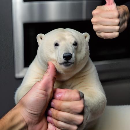 [32k|16k|best-quality], professional photo, (centered-in-frame:1.2) , [[[closeup]]] polar bear, <lora:single thumbs up:1> single thumbs up