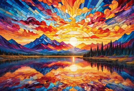 Sunset painting with double exposure,
Vibrant and luminous composition, intricate and colorful style, stained glass art, mesmerizing and ethereal, intricate patterns, radiant hues, visual feast for the eyes, divine beauty and spirituality, transcendence and contemplation, play of light and color, sense of wonder and awe.