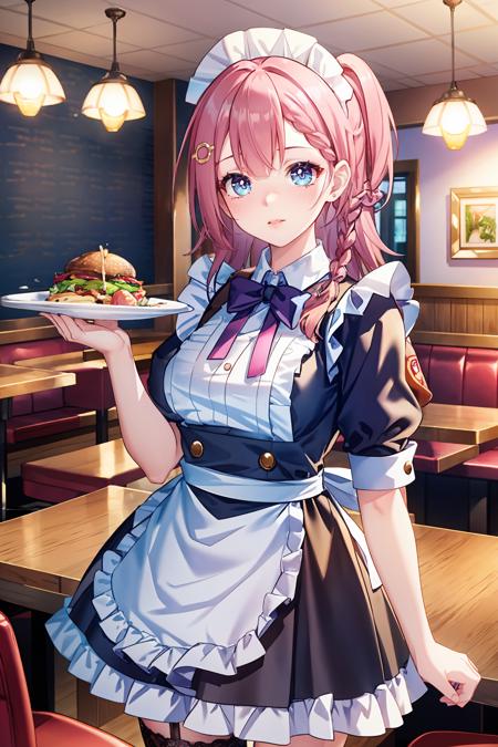 1girl, asta \(honkai: star rail\), hairpin, maid, maid headdress, maid apron, holding food, lace-trimmed legwear, cowboy shot, restaurant, indoors, looking at viewer, smile, (extremely detailed CG unity 8k wallpaper,masterpiece, best quality, ultra-detailed, beautiful detailed eyes:1.2)