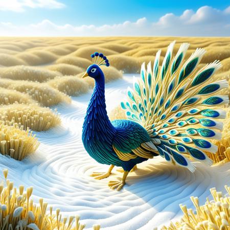 A surreal animated scene: A life-sized peacock, seemingly sculpted entirely from tightly bound golden straw, stands within a vast, undulating field of fine, white flour. Its intricate tail feathers, also crafted from straw, fan out in a magnificent display, with subtle movements animating each individual stalk and woven section. The straw "eyes" on its tail shimmer with a faint, internal light. The peacock's straw body shifts and sways gently, as if breathing, leaving delicate trails in the powdery flour. In the background, the endless expanse of the white flour field ripples and flows like a gentle sea. A soft, diffused light casts subtle shadows, highlighting the texture of both the straw peacock and the floury landscape. Tiny particles of flour drift lazily through the still air, creating a hazy, dreamlike atmosphere. The overall feeling is ethereal and slightly magical, the straw peacock a fantastical, organic creature within this unexpected, edible landscape.
High resolution, perfect quality, 4k,