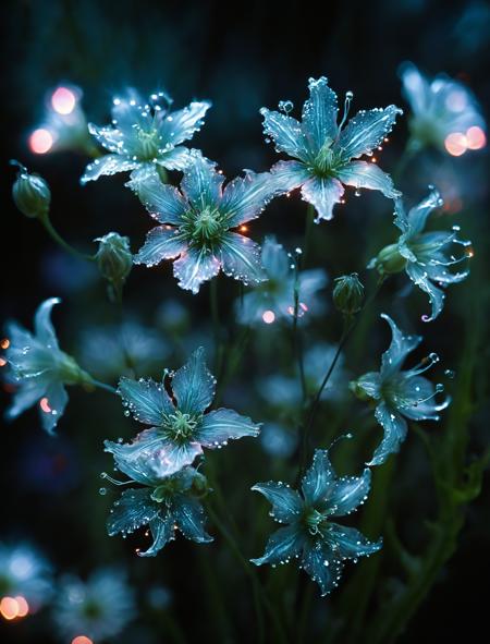 epiCPhoto,
Starfire Wisp Blooms are enchanting flowers that appear as if they are crafted from pure starlight. Each bloom consists of delicate, transparent petals that flicker like flames in the wind. These petals are infused with tiny, bioluminescent particles that glow in varying hues, creating a mesmerizing, ever-changing display of light. At the center of each flower is a small, luminescent core that emits a steady, warm glow. The stems are slender and transparent, filled with shimmering, silver fluid that adds to the plant's magical appearance. At twilight, the Wisp Blooms seem to ignite, bathing the garden in a gentle, star-like radiance.