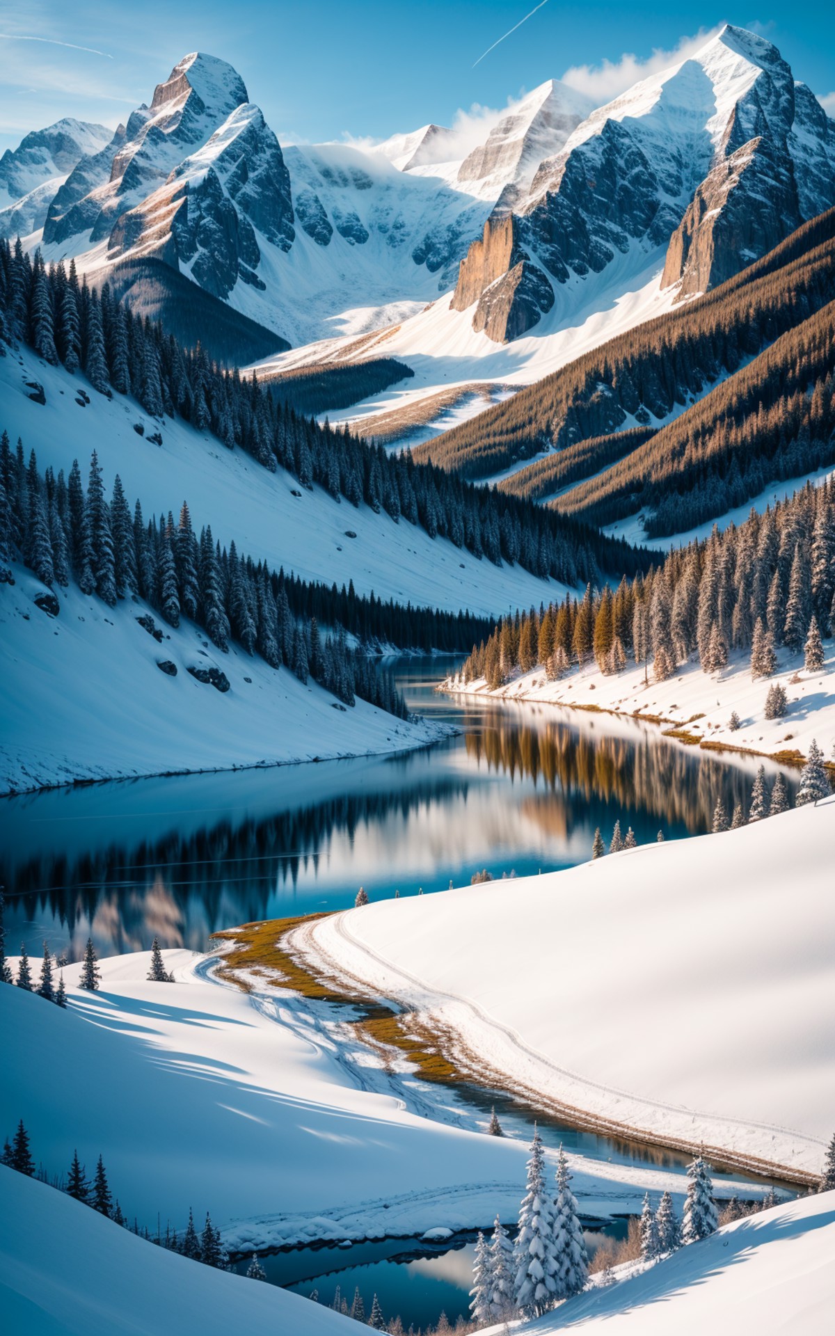 photo of winter landscape, mountains, lake