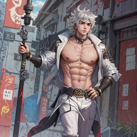 zhangefei,sliver hair,muscular,adult,1boy, masterpiece, best quality,   <lora:zhangfei-000010:0.9> <lora:animaleLora_animaleLoraV1:0.25> <lora:asianmale_v10:0.25>