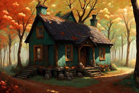 a ruined cottage in the forest, autumn colors, thick brush strokes, (no humans:1.9), <lora:StarkJourney:1.0>