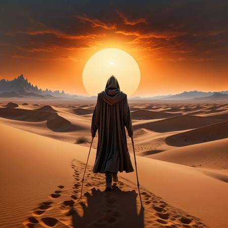 Ultra realistic full body color pencil drawn portrait of  
a lone hooded figure of a man with a walking staff walking through a desolate dessert, towards the rising Sun in the horizon. Walking away from the viewer facing the Sun in the horizon.
BREAK
Deep dark intense beige and orange hazy background,
Dark theme, dynamic lighting, (soft shadows), (soft focus),  (photo realistic), uhd, 8k