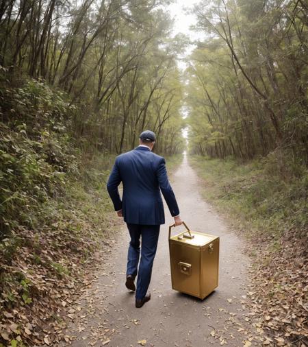 (full body photo) of a person cautiously approaching an abandoned case full of gold