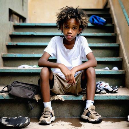 a black boy, sad, dirty, thin, poor, dirty clothes, white t-shirt dirty with mud and grease, torn shirt with several holes, messy curly hair, dirty khaki shorts with torn pockets, on his foot a sandal with parts missing due to at the time of use, sandals bigger than the boy's feet, the boy is sitting on a staircase, there beside him are several happy children wearing school uniforms.