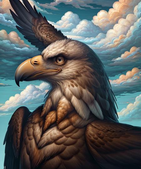 eagle surreal closeup, masterpiece by ncwinters, in the mystical clouds,  <lora:ncwinters-12:1>