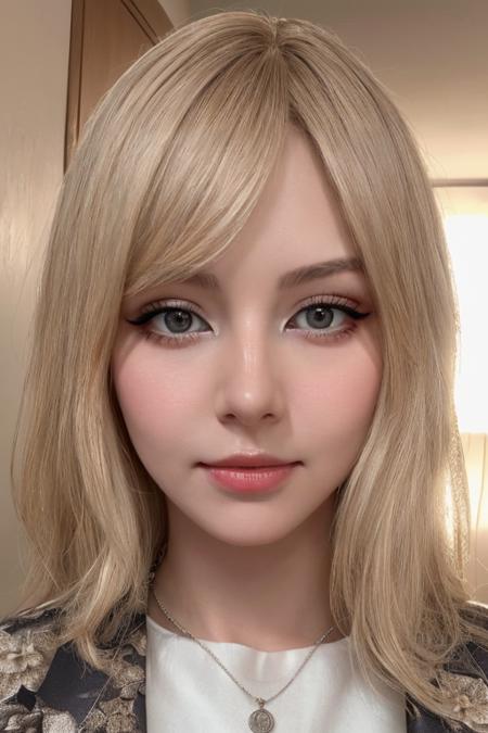 4k, 8k, ultra highres, raw photo in hdr, sharp focus, intricate texture, skin imperfections, realistic, detailed facial features, highly detailed face, posing, standing in a hallway,perfect lighting, necklace, caucasian women, extreme close-up, face only, <lora:Peachmilky:0.7> Peachmilky1, blonde hair