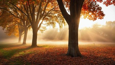 Autumn Art Early morning, sunset, atmospheric lighting, fog above the ground, , Autumn, often for falling leaves, warm tones, or harvest themes.