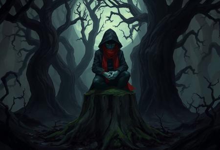 A detailed dark fantasy illustration of a 'chad' figure in solitude within a menacing forest. The 'chad' sits on a moss-covered stump, clad in a dark, textured jacket, pants, and hat, with a striking red scarf providing the only burst of color. Hands are clasped in front. The forest is a realm of twisted, dark trees and deep shadow, with a floor of decaying leaves. The perspective is a low angle, emphasizing the figure's presence against the oppressive backdrop, their face hidden in shadow or averted. The style features Sharp Lines and Brush Strokes, Stunning Colors (muted, harmonious palette), Beautiful Matte Painting techniques, Creative Angle, Captivating Lighting (perhaps moonlight or eerie glow), Grammer Effect Style, Splash Ink Illustration influence for texture, CGSociety, Artstation Trending on ArtstationHQ, Golden Ratio, Vivid Emotions, Joyful Impact, Powerful Message, Isometric (applied to structural elements of the forest), Dynamic Action Pose (interpreted as dynamic composition).
