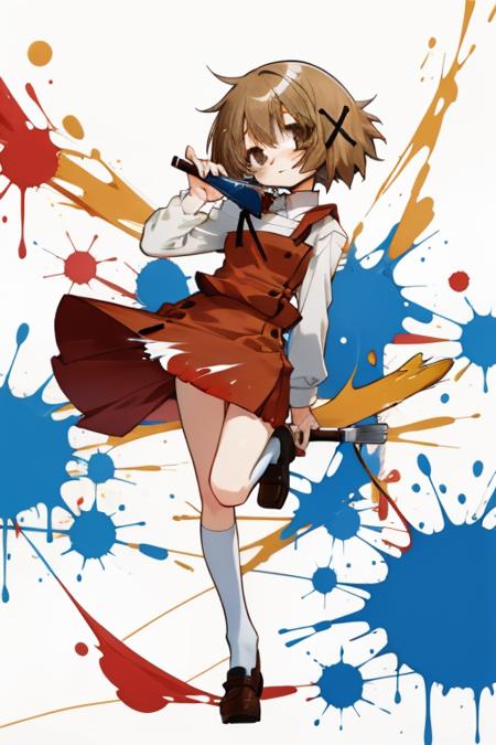 <lora:ume_aoki:1>1girl, solo, yuno, brown hair, brown eyes, short hair, x hair ornament, yamabuki high school uniform, paint splatter, paintbrush, masterpiece, best quality