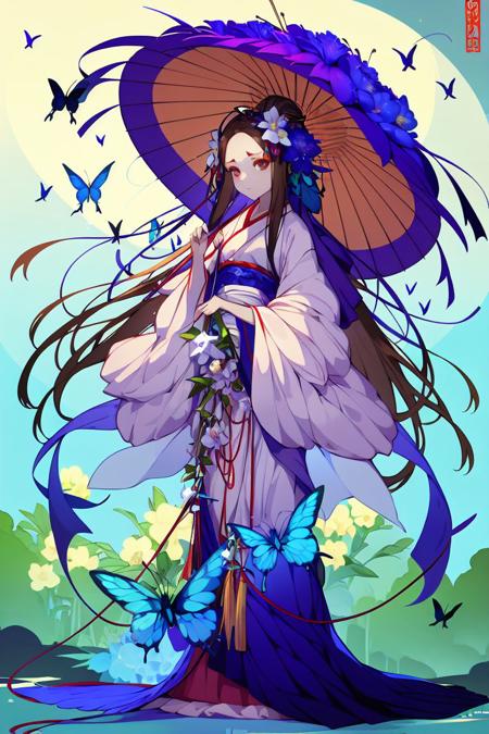 masterpiece, <lora:Shie_Nanahara-49:1>
Shie_Nanahara, 1girl, solo, long hair, looking at viewer, brown hair, hair ornament, long sleeves, dress, ribbon, holding, brown eyes, very long hair, closed mouth, standing, full body, flower, hair flower, wide sleeves, sash, makeup, blue dress, umbrella, chinese clothes, bug, plant, butterfly, tassel, holding umbrella, forehead mark, oil-paper umbrella, parasol, hanfu