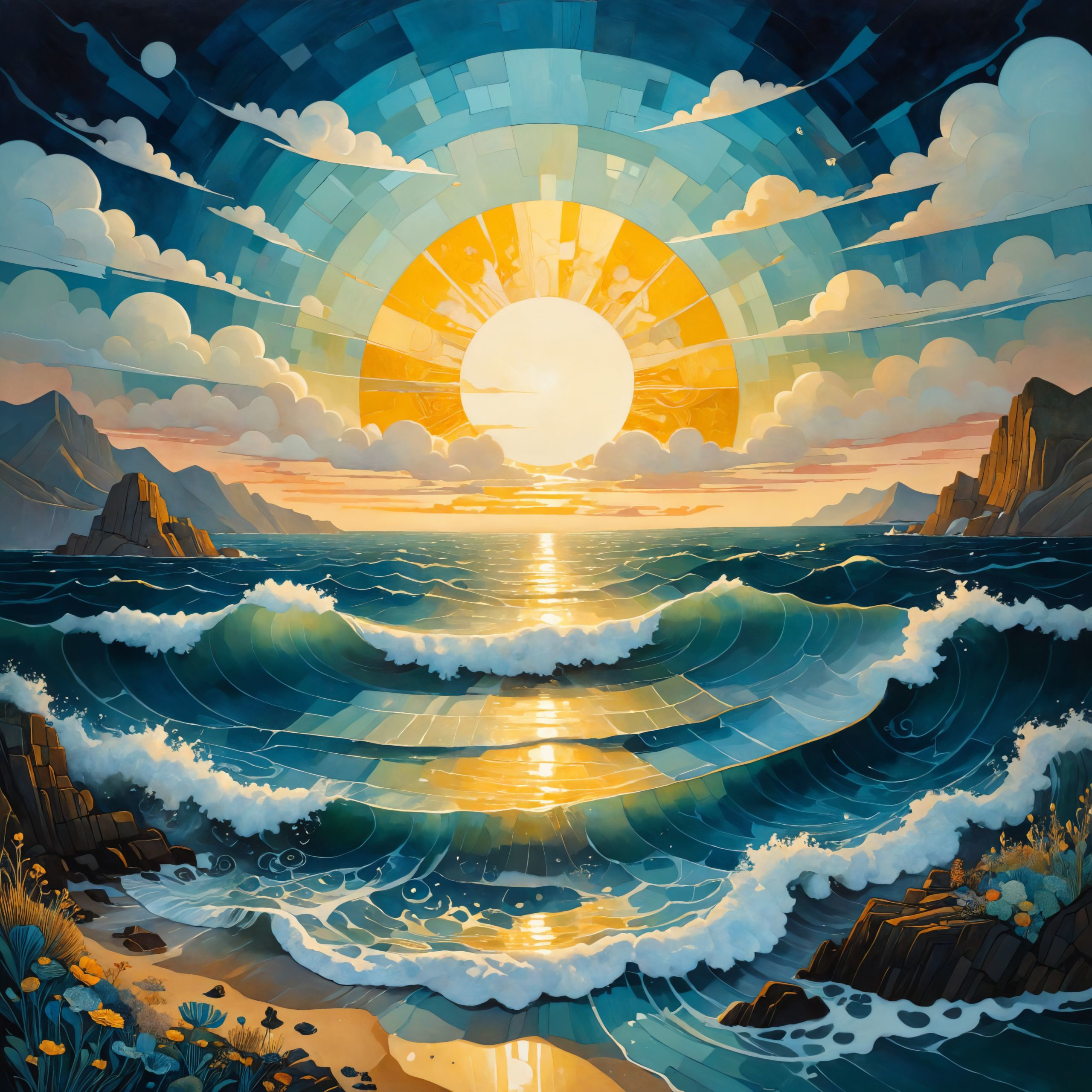 Sunset Over Ocean Painting with Waves and Rocks