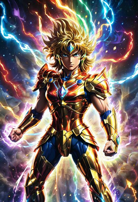 (Saint Seiya), in his iconic stance, surrounded by a calm yet powerful aura, in classic anime style, digital art style with vibrant colors, high definition details, powerful stance