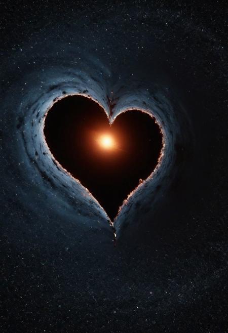 Cinematic, heart shaped black hole, stars, masterpiece, best quality, dynamic light, high resolution,