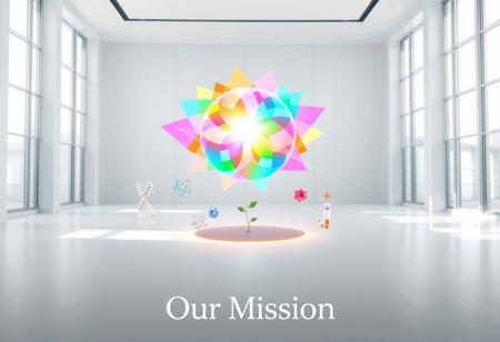 A serene and futuristic semi-white space symbolizing purpose and progress. The scene features a clean, open environment with soft white walls and light gray accents, illuminated by natural light streaming through large, translucent panels. In the center, a glowing orb radiates vibrant multicolored light with enhanced hues of blue, green, orange, pink, and a subtle golden shimmer, making it more dynamic and captivating. Surrounding the orb are dynamic, colorful geometric shapes like overlapping prisms and flowing ribbons that intensify its radiance and symbolize focus and collaboration. Below the orb, slightly colorful abstract symbols—such as a softly glowing DNA strand, a tree sprouting from a test tube, and an atom diagram—are subtly highlighted, blending seamlessly into the design while adding visual intrigue. The overall design maintains a minimalistic white background balanced with the vibrant centerpiece and inspiring details. A simple, elegant text at the bottom reads 'Our Mission' in modern sans-serif font, tying the theme together.