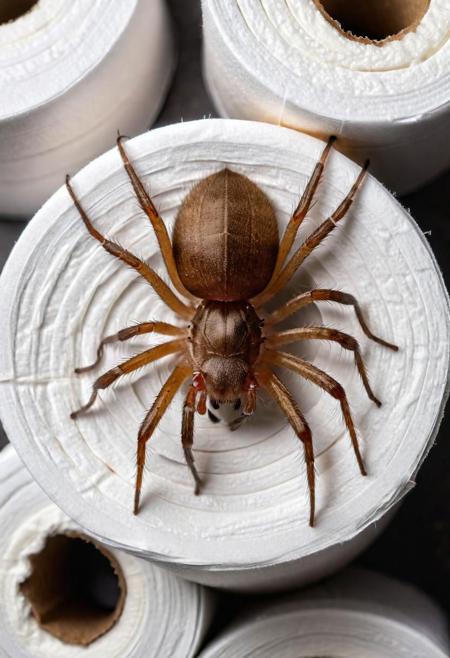 Arachnid spider (Brown Recluse) resting on an empty roll of toilet paper, detailed bathroom background,