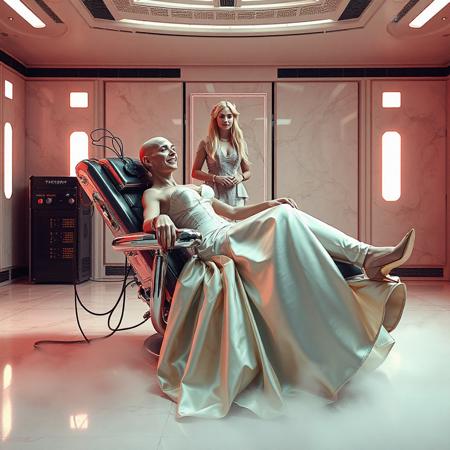 A slender, totally bald, arrogant  rich norvegian bride, reclined in a polished steel restraint fetish chair, dressed in a luxurious, rich fantasy satin wedding gown with a fitted, boned corset accentuating her ultra-thin waist.and a full, flared skirt, paired with satin high heels, orgasm face. The massive electrodes holding her head pressed to the steel restraint chair headrest,  cabled to a  futuristic superconputer rack. Her hands and ankles are bound to the steel restraint chair   by massive steel restraints,   weird fog from the floor. Tall french maid at background wearing classy satin uniform and holding blonde long haired wig. The scene is set in a sterile, empty chamber, with a glossy mother-of-pearl finish, evoking a sense of futuristic dread. Inspired by the cinematic styles of Ridley Scott, Guillermo del Toro, and H.R. Giger, with a blend of sci-fi and horror elements, this full-body portrait is a masterpiece of cinematic storytelling, shot on a virtual v-raptor XL camera, with a warm, film-grained aesthetic, subtle vignette, and rich color grading, reminiscent of 35mm film, with dramatic, atmospheric lighting, inviting the viewer to immerse themselves in this epic, stunning scene.
