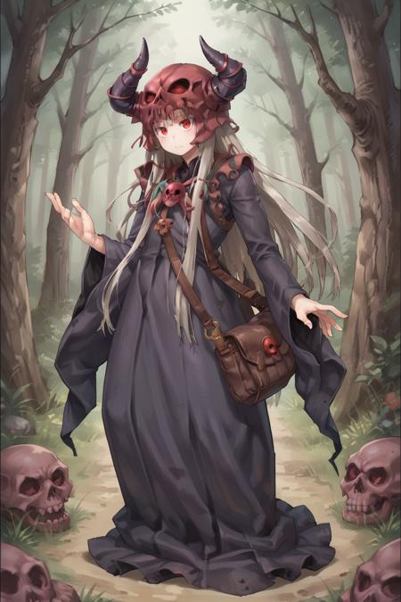 necdef, 1boy, red eyes, long hair,  grey hair, horned helmet, skull brooch, robe, long sleeves, bag, 