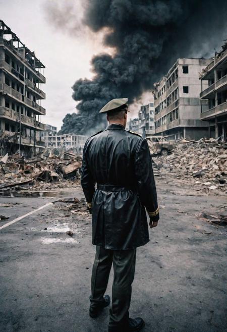 Photo of a man who is standing looking at how his city has been destroyed by a nuclear bomb. He has just arrived at the disaster and observes the horror of the destruction, ruined buildings full of smoke and flames, ground full of rubble with skeletons lying around In the dawn light floods the scene, the man is completely dressed in normal clothes and wet, he is dirty, everything is a disaster, the sky is cloudy and it is raining, , Fujifilm XT3,film still,film grain,cinematic,soldier accessories,war style, professional photo,best quality and best aesthetic,Award-winning artistic photos,Outdoors,public places,defeated posture, ( detailed in background:1.6)Serious,Curi