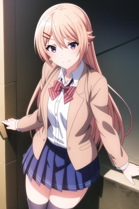 1girl, eyebrows visible through hair, blonde hair, hair ornament, hairclip, long hair, looking at viewer, violet eyes, smile, solo, blue skirt, cardigan, plaid, plaid skirt, pleated skirt, school uniform, skirt, striped, striped legwear, thighhighs, zettai ryouiki, shion_kujo, <lora:add_detail:0.7>