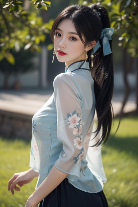 ltra-detailed,highly detailed,best quality,masterpiece,illustration,realistic,
mgftangzhuang, 1girl, solo, upper body, 
chinese clothes,shirt,hair ribbon,short sleeves, see-through sleeves,  see-through, 
blue shirt, print clothes,
hair ornament,  jewelry,  earrings, 
looking at viewer, dynamic pose, 
photo background, outdoors,riverbank,river, flower, grass, day,  depth of field, wind,
long hair, ponytail, bangs,
 <lora:mgftangzhuang_v1_03:0.7>