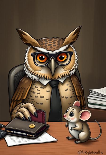 Owl Financial Advisor – A wise-looking owl wearing glasses and a tie sits behind a desk, looking at an empty wallet. He adjusts his glasses and sighs: "You should have invested in BUZZ earlier." A tiny mouse client sitting across from him bursts into tears.