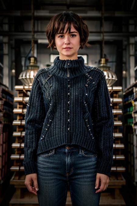 K1873W in a hardware shop, drills, mechanical, jumper, jeans <lora:KW3:1> masterpiece, best quality, detailed face , 1girl, realistic, solo,k1873w, short_hair, black_hair