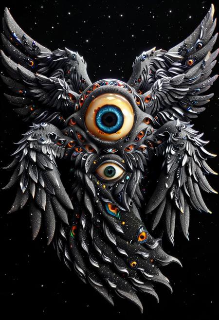 ObsidianSand style, swirling ObsidianSand, Visually intense, vivid colors, intricate detail, a biblically accurate angel made of ObsidianSand, in space, ObsidianSand style, grgnt, wings, rings, many eyes, Extra-Eyes-IL-V1.0, Extra eyes, additional eyes,