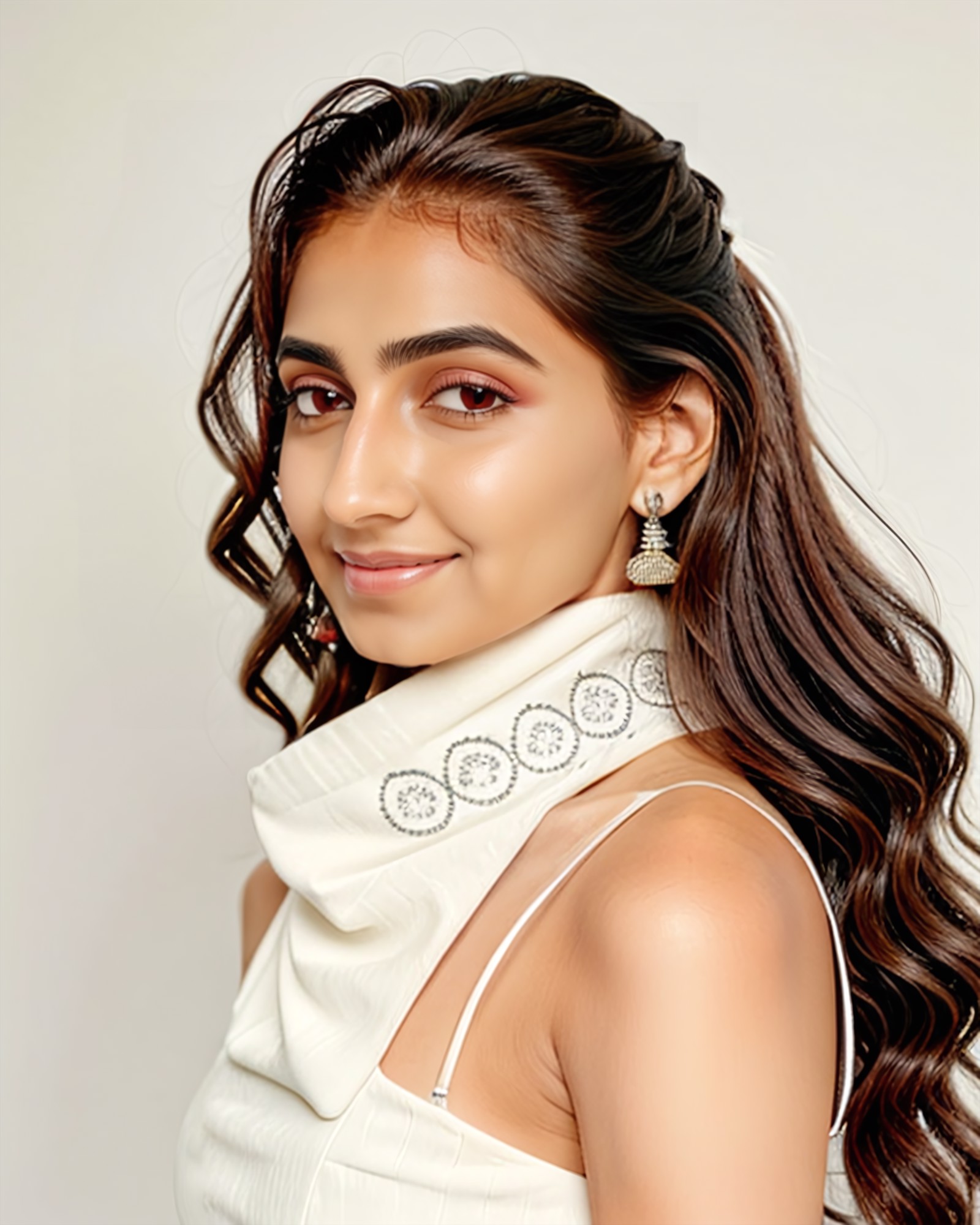 portrait photo of a vdka:0.8 woman, wearing intricate high-neck white and red ghagra choli, solo, smiling, nose piercing, ...