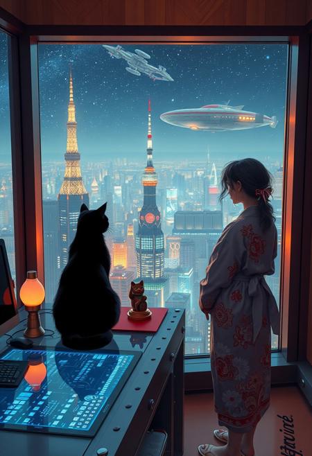 Jiji, the cat from Kiki's Delivery Service sits on a cluttered metal riveted desk with transparent top and rgb led computer components visible inside, On the desk are a maneki neko statue and a lava lamp, Jiji the Black Cat is looking out of a seamless and futuristic floor to ceiling window that looks out at a very high view from an apartment on the 400th floor of a futuristic Tokyo skyscraper, the year is 2250, The city has thousands of enormous wide and tall futuristic skyscrapers and space ships covered with lights in the sky, (((Kiki from Kiki's Delivery Service, 24 years old, is standing next to the cat looking out at the enormous city at night, filled with buildings of many shapes and sizes, some over a mile tall))), Kiki is dressed in an ornate Japanese style bath robe. An enormous deco starship with futuristic lighting and design is visible high above the city, and a space station is visible in the background among the stars, The woman's hair is messy from just waking up and tied up with a ribbon. Artistic cyberpunk, dynamic perspective, The focus is on Jiji and Kiki standing together looking out the window at the view together, (((overall architectural aesthetic is Art Deco Cyberpunk))).  Mt Fuji can be seen in the far distance,