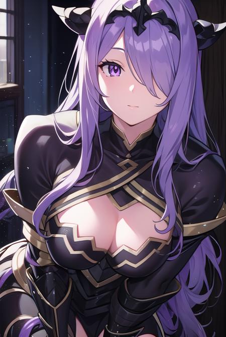 camilla, (hair over one eye:1.5), long hair, (purple eyes:1.1), purple hair, wavy hair, armor, armored boots, black armor, boots, gauntlets, grey footwear, knee boots,