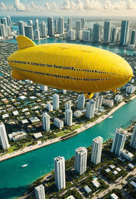best quality, masterpiece, high resolution, intricate detailed, 
wl_lemons yellow zeppelin, 
above city, Miami background, tropical city,